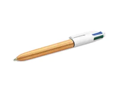 Stylo-bille bic 4 couleurs festif retractable rechargeable pointe moyenne 1mm corps large blanc/dore