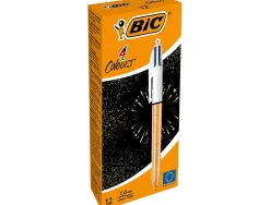 Stylo-bille bic 4 couleurs festif retractable rechargeable pointe moyenne 1mm corps large blanc/dore