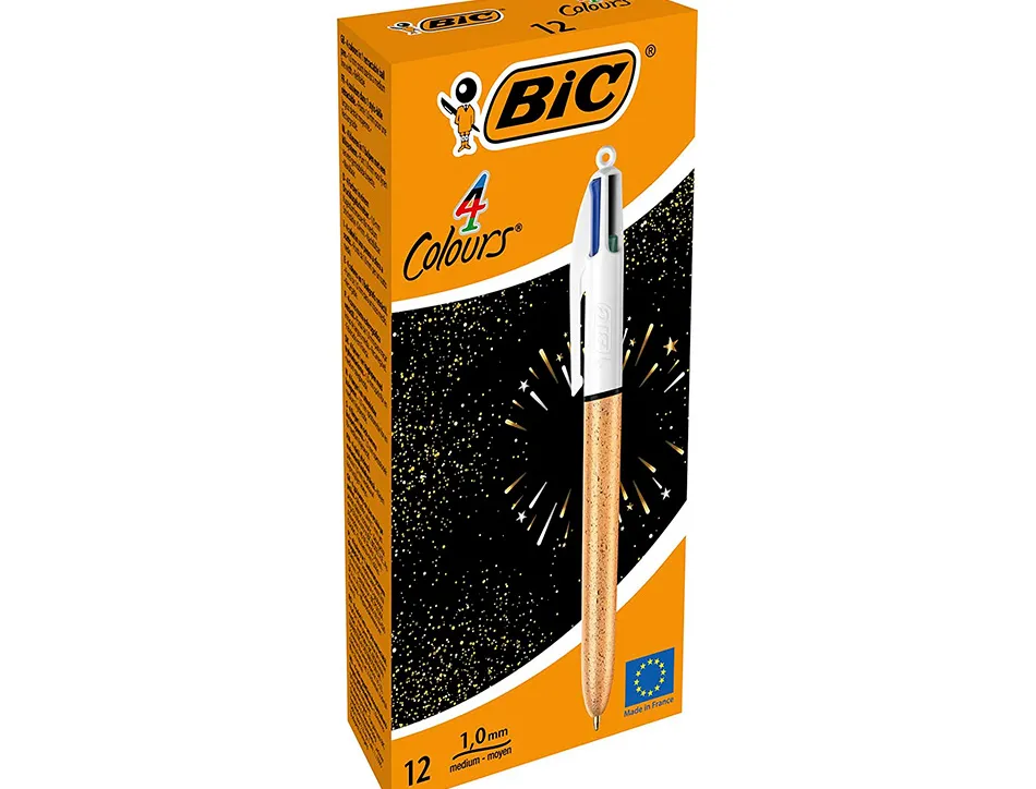 Stylo-bille bic 4 couleurs festif retractable rechargeable pointe moyenne 1mm corps large blanc/dore