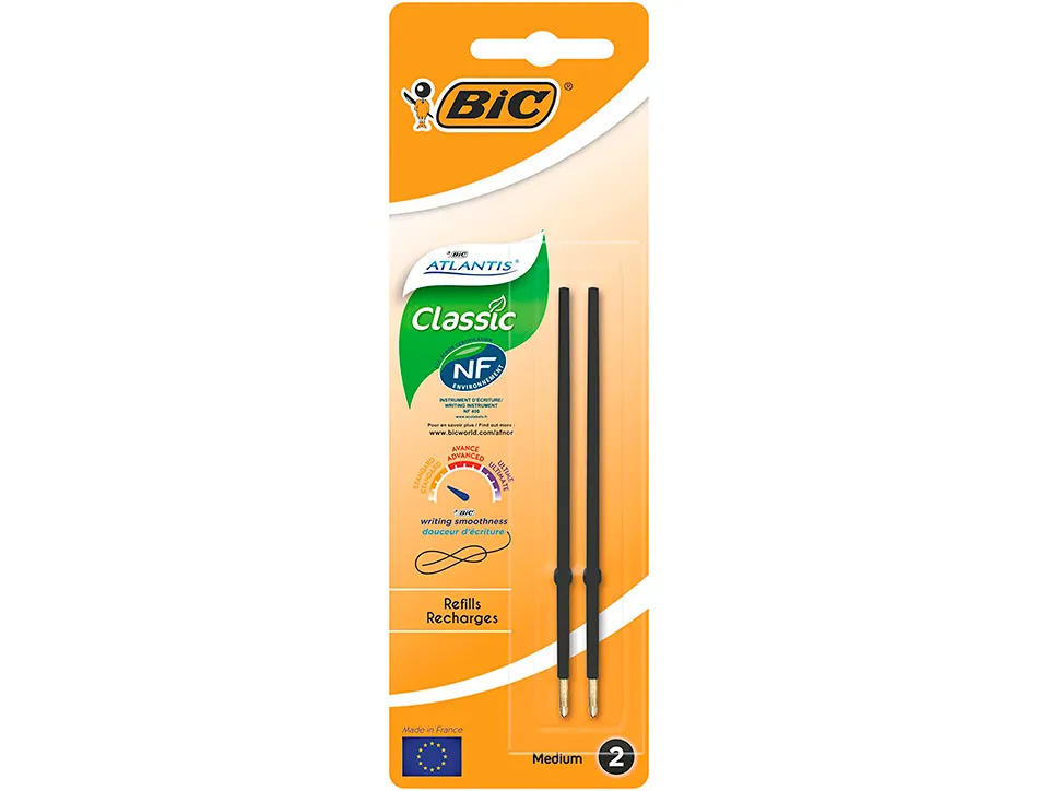Stylo-bille bic atlantis soft pointe moyenne 1,0mm blister de 2 recharges noir