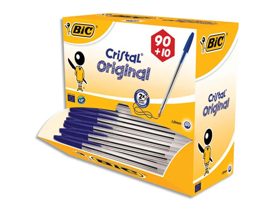 Stylo-bille bic cristal écriture moyenne 0.5mm encre classique bleue bille indéformable pack écomonique 100 unités