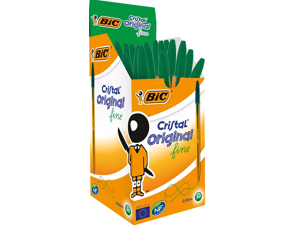 Stylo-bille bic cristal écriture fine 0.4mm encre classique bille indéformable capuchon couleur encre vert