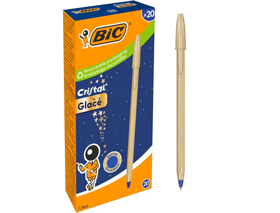 Stylo-bille bic cristal original glace pointe moyenne 1,0mm encre bleue classique capuchon coloris or