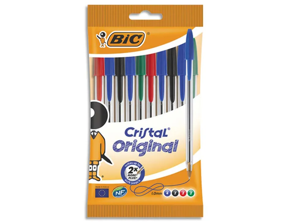 Stylo-bille bic cristal original pointe moyenne 1mm coloris assortis etui carton 10