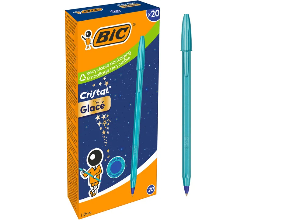 Stylo-bille bic cristal original glace pointe moyenne 1,0mm encre bleue classique capuchon coloris bleu