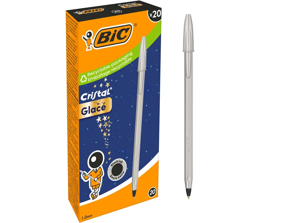 Stylo-bille bic cristal original glace pointe moyenne 1,0mm encre noire classique capuchon coloris argent