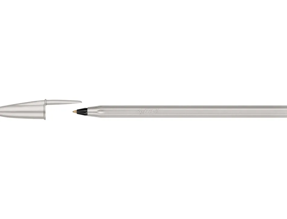 Stylo-bille bic cristal original glace pointe moyenne 1,0mm encre noire classique capuchon coloris argent