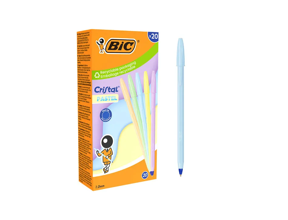 Stylo-bille bic cristal pastel pointe moyenne 1,0mm encre bleue classique capuchon coloris assortis boite 20 unites