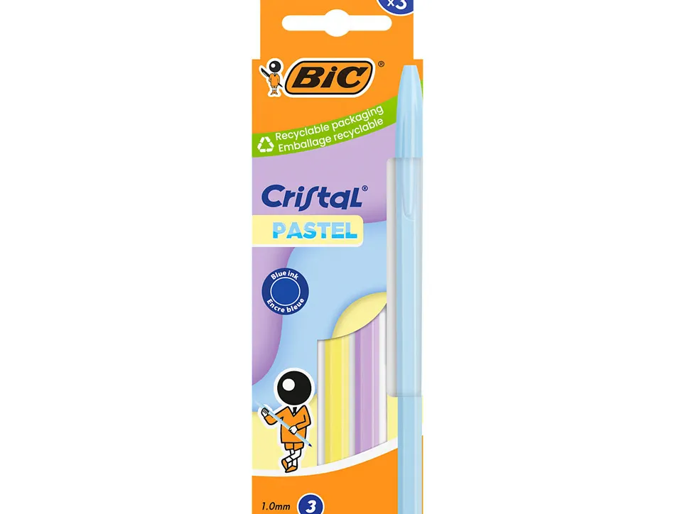 Stylo-bille bic cristal pastel pointe moyenne 1,0mm encre bleue classique capuchon coloris assortis b