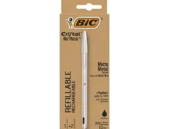 Stylo-bille bic crystal renew corps metal argent capuchon pointe moyenne 1mm rechargeable + 2 recharges noir