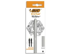 Stylo-bille bic crystal renew corps metal argent capuchon pointe moyenne 1mm rechargeable + 2 recharges noir