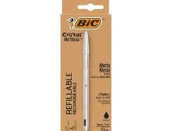 Stylo-bille bic crystal renew corps metal argent capuchon pointe moyenne 1mm rechargeable + 2 recharges noir