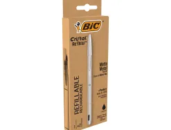 Stylo-bille bic crystal renew corps metal argent capuchon pointe moyenne 1mm rechargeable + 2 recharges noir