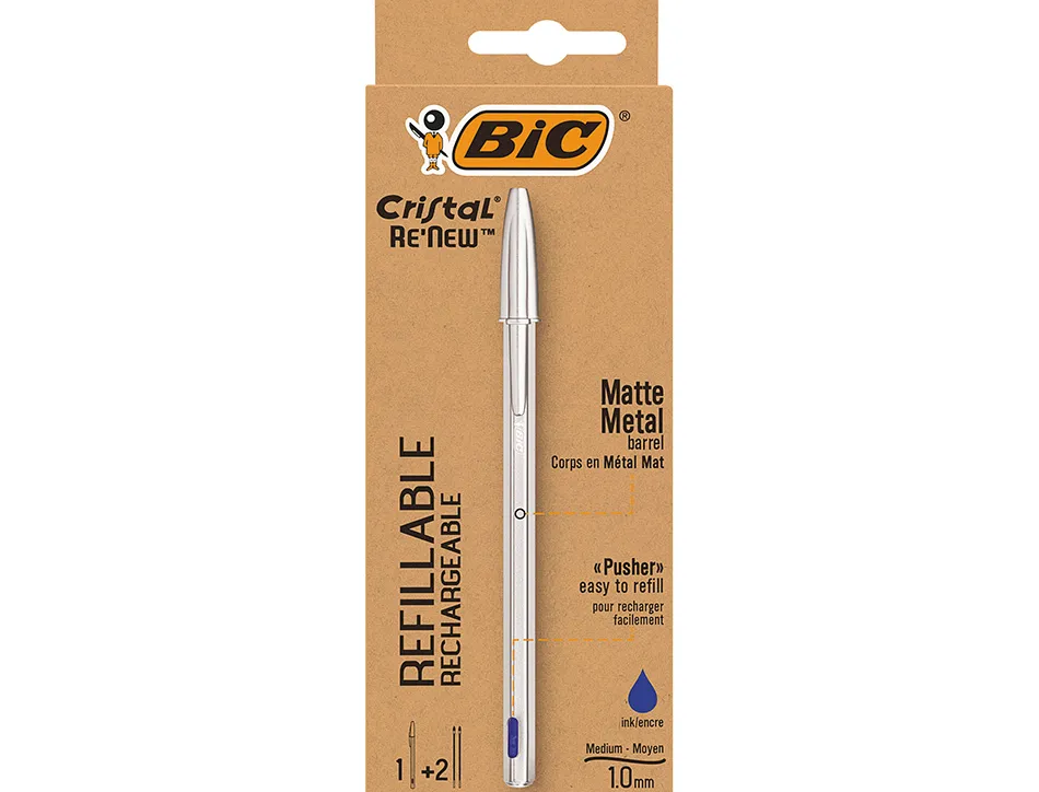 Stylo-bille bic crystal renew corps metal argent capuchon pointe moyenne 1mm rechargeable + 2 recharges bleu