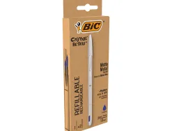 Stylo-bille bic crystal renew corps metal argent capuchon pointe moyenne 1mm rechargeable + 2 recharges bleu