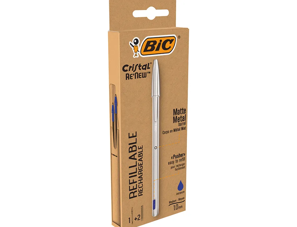 Stylo-bille bic crystal renew corps metal argent capuchon pointe moyenne 1mm rechargeable + 2 recharges bleu