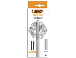 Stylo-bille bic crystal renew corps metal argent capuchon pointe moyenne 1mm rechargeable + 2 recharges bleu