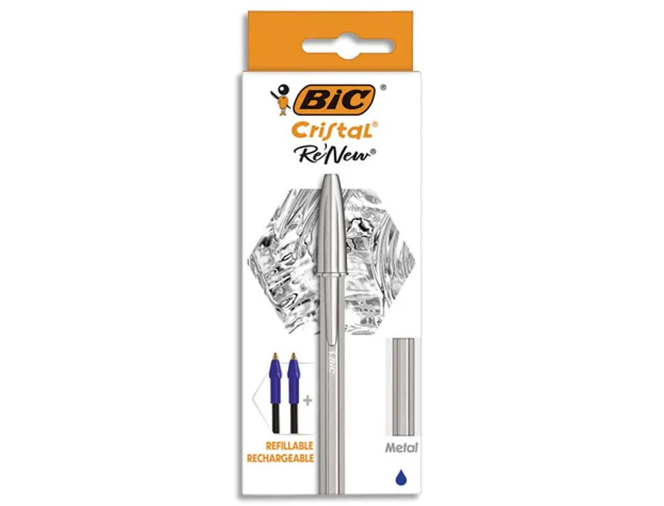 Stylo-bille bic crystal renew corps metal argent capuchon pointe moyenne 1mm rechargeable + 2 recharges bleu