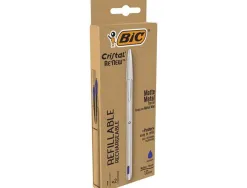 Stylo-bille bic crystal renew corps metal argent capuchon pointe moyenne 1mm rechargeable + 2 recharges bleu