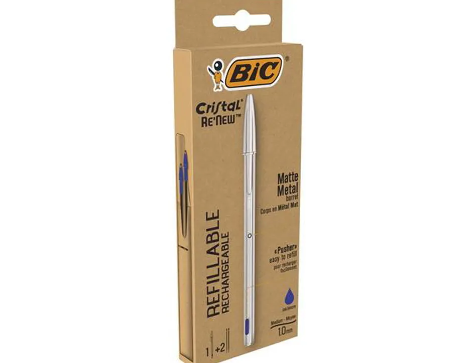 Stylo-bille bic crystal renew corps metal argent capuchon pointe moyenne 1mm rechargeable + 2 recharges bleu