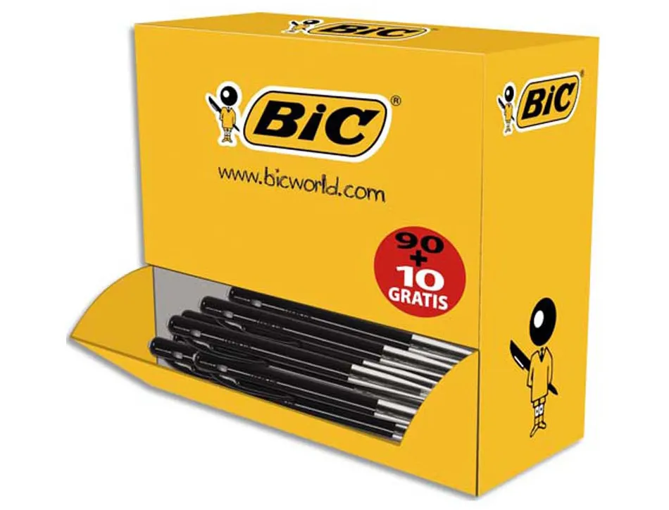 Stylo-bille bic m10 clic écriture moyenne 0.5mm rétractable côté stylo couleur noir pack économique 100 unités