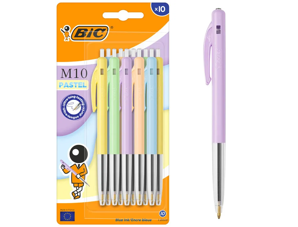 Stylo-bille bic m10 pointe moyenne 1,0mm encre bleue bouton poussoir lateral coloris pastel assortis
