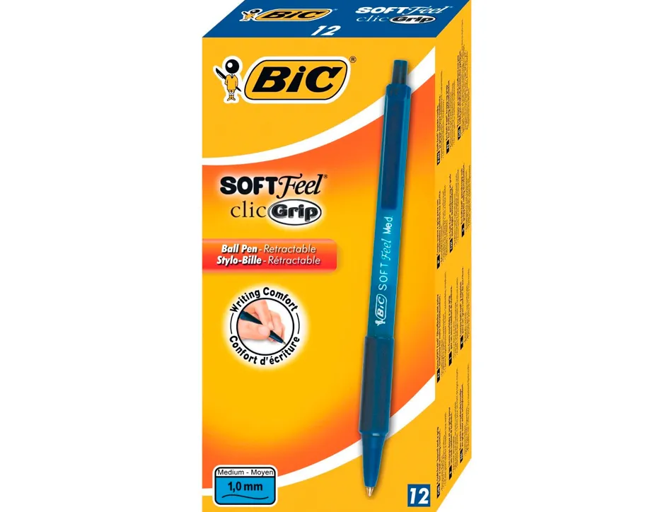 Stylo-bille bic soft feel pointe moyenne 1mm rétractable clip grip corps caoutchouc couleur bleu