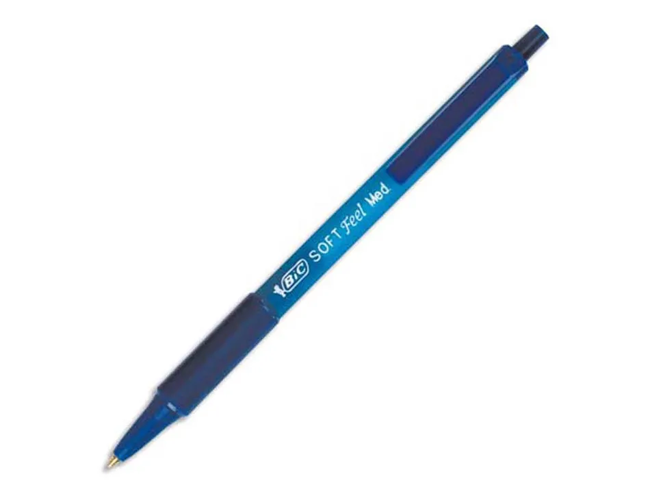 Stylo-bille bic soft feel pointe moyenne 1mm rétractable clip grip corps caoutchouc couleur bleu