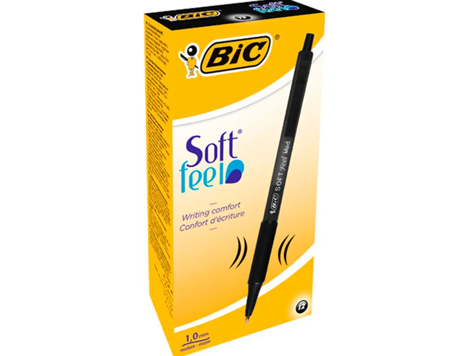 Stylo-bille bic soft feel pointe moyenne 1mm rétractable clip grip corps caoutchouc couleur noir