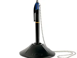Stylo-bille bic sur socle base lestée chaîne sécurisée rétractable rechargeable 4 cartouches couleur bleu