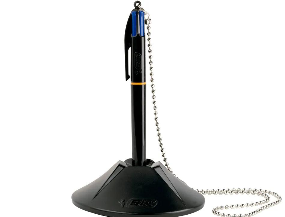 Stylo-bille bic sur socle base lestée chaîne sécurisée rétractable rechargeable 4 cartouches couleur bleu