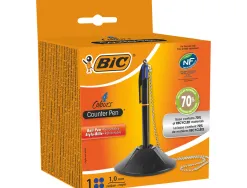 Stylo-bille bic sur socle base lestée chaîne sécurisée rétractable rechargeable 4 cartouches couleur bleu