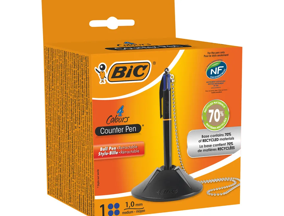 Stylo-bille bic sur socle base lestée chaîne sécurisée rétractable rechargeable 4 cartouches couleur bleu