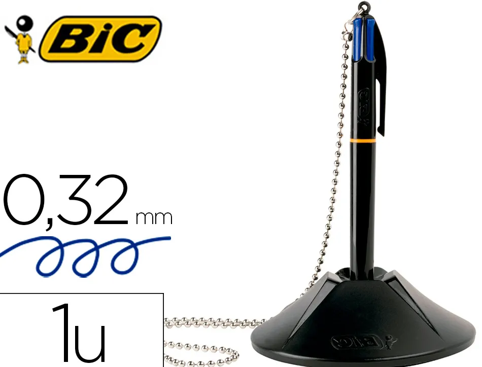 Stylo-bille bic sur socle base lestée chaîne sécurisée rétractable rechargeable 4 cartouches couleur bleu