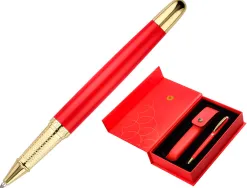 Stylo-bille et etui en simili cuir belius passion aluminium brosse attributs or encre bleue coloris rouge coffret cadeau