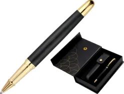 Stylo-bille et etui en simili cuir belius passion aluminium brosse attributs or encre bleue coloris noir coffret cadeau