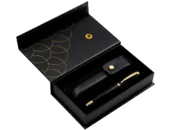 Stylo-bille et etui en simili cuir belius passion aluminium brosse attributs or encre bleue coloris noir coffret cadeau