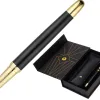 Stylo-bille et etui simili cuir belius soiree aluminium details et attributs or encre bleue coloris noir coffret cadeau
