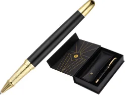 Stylo-bille et etui simili cuir belius soiree aluminium details et attributs or encre bleue coloris noir coffret cadeau