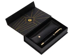 Stylo-bille et etui simili cuir belius soiree aluminium details et attributs or encre bleue coloris noir coffret cadeau
