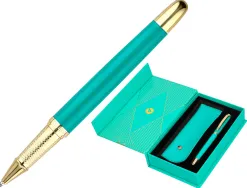 Stylo-bille et etui simili cuir belius soiree alum. details et attributs or encre bleue coloris turquoise coffret cadeau
