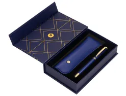Stylo-bille et etui simili cuir belius soiree alum. details et attributs or encre bleue col. bleu marine coffret cadeau