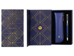 Stylo-bille et etui simili cuir belius soiree alum. details et attributs or encre bleue col. bleu marine coffret cadeau