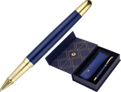 Stylo-bille et etui simili cuir belius soiree alum. details et attributs or encre bleue col. bleu marine coffret cadeau