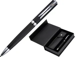 Stylo-bille etui simili cuir belius turbo alum. texture pointillee attributs argent encre bleue col. noir coffret cadeau