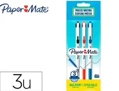 Stylo-bille paper mate 046 rt retractable pointe moyenne 0,7mm sachet 3 unites assorties noir bleu rouge