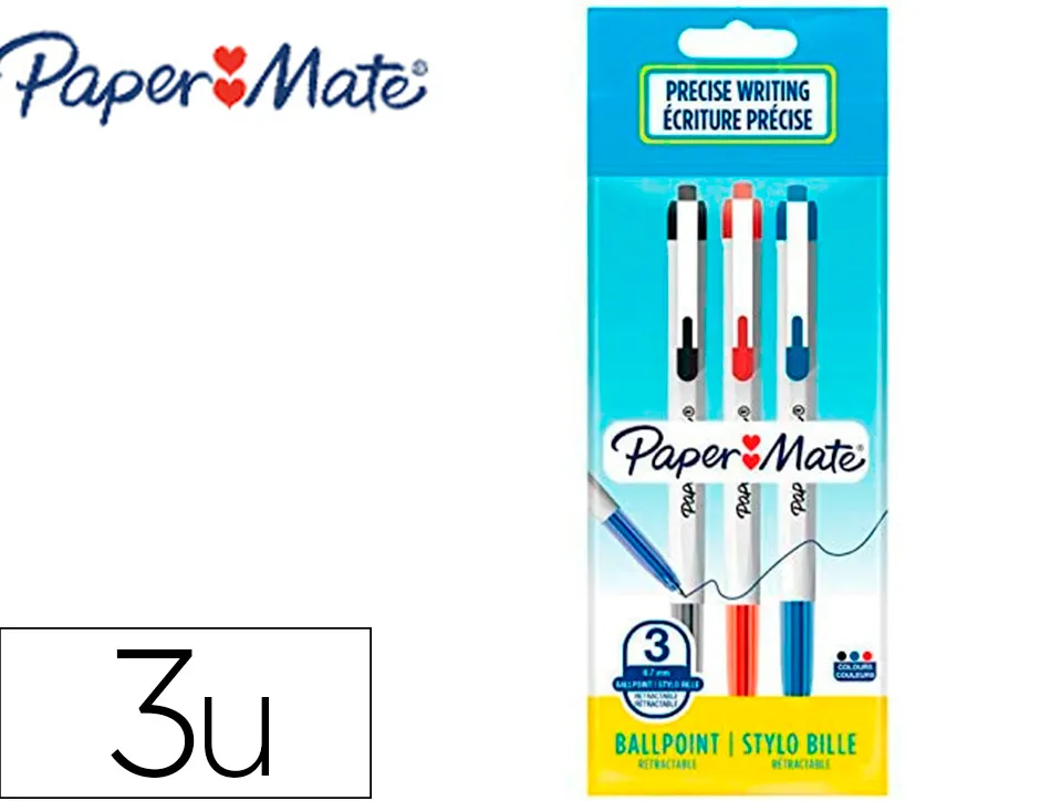 Stylo-bille paper mate 046 rt retractable pointe moyenne 0,7mm sachet 3 unites assorties noir bleu rouge