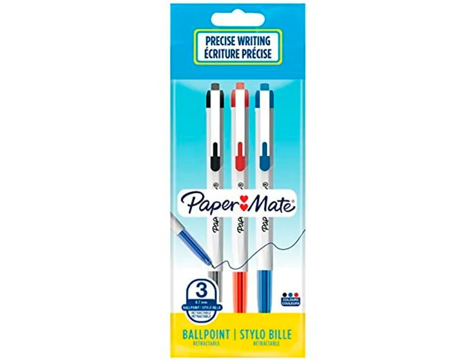Stylo-bille paper mate 046 rt retractable pointe moyenne 0,7mm sachet 3 unites assorties noir bleu rouge