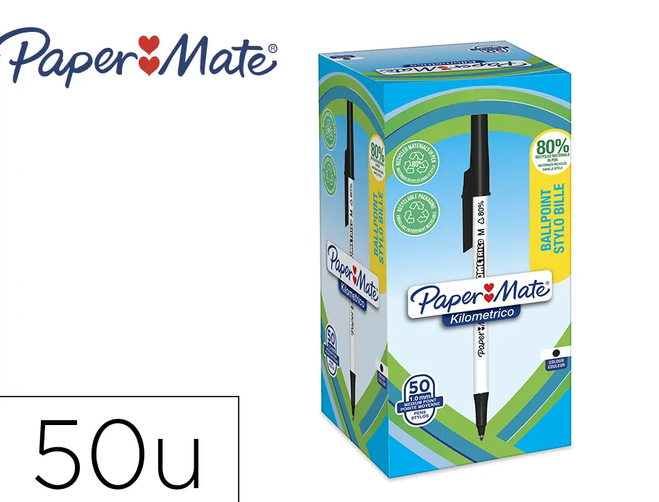 Stylo-bille paper mate kilometrico capuchon pointe moyenne 1mm encre noire ultra douce boite 50 unites