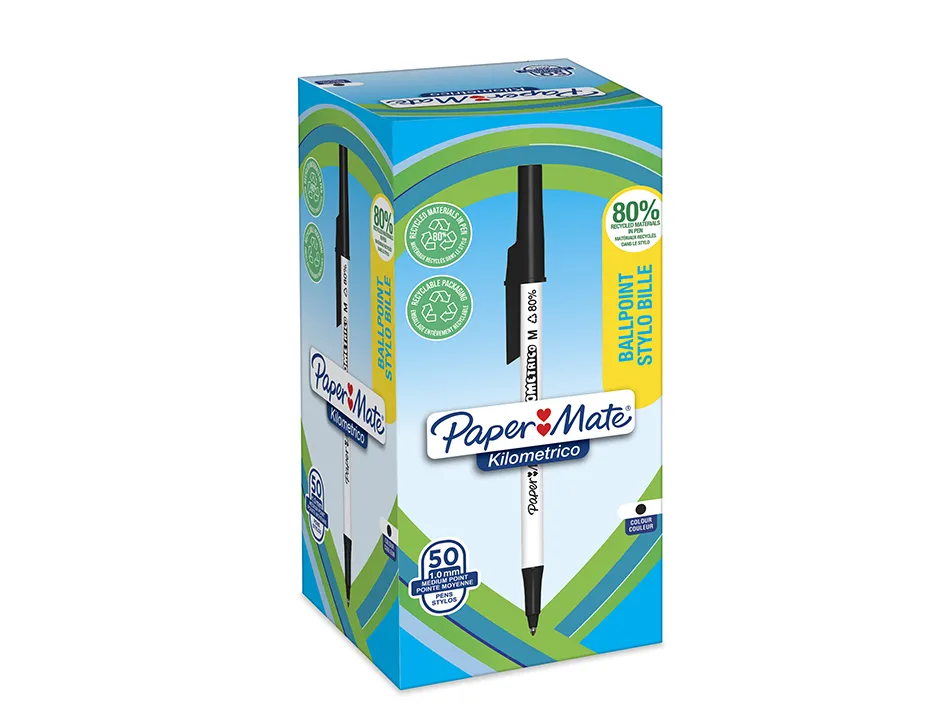 Stylo-bille paper mate kilometrico capuchon pointe moyenne 1mm encre noire ultra douce boite 50 unites